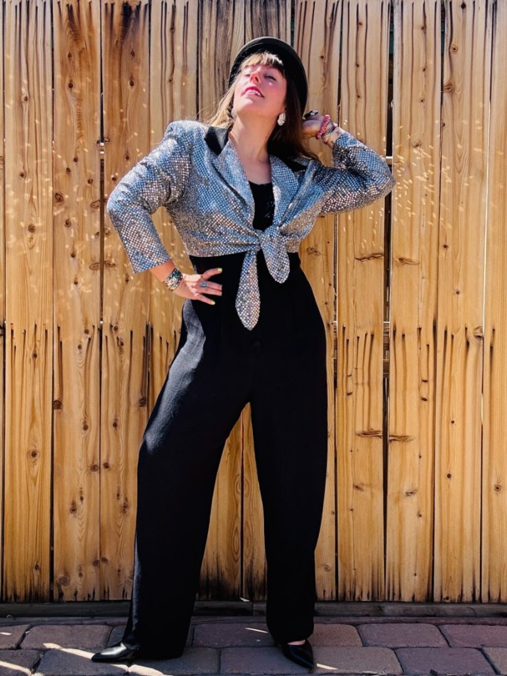 Vintage Jumpsuit 80s 90s Menu Black Silver Sequin One Piece Dressy Jumpsuit M/L